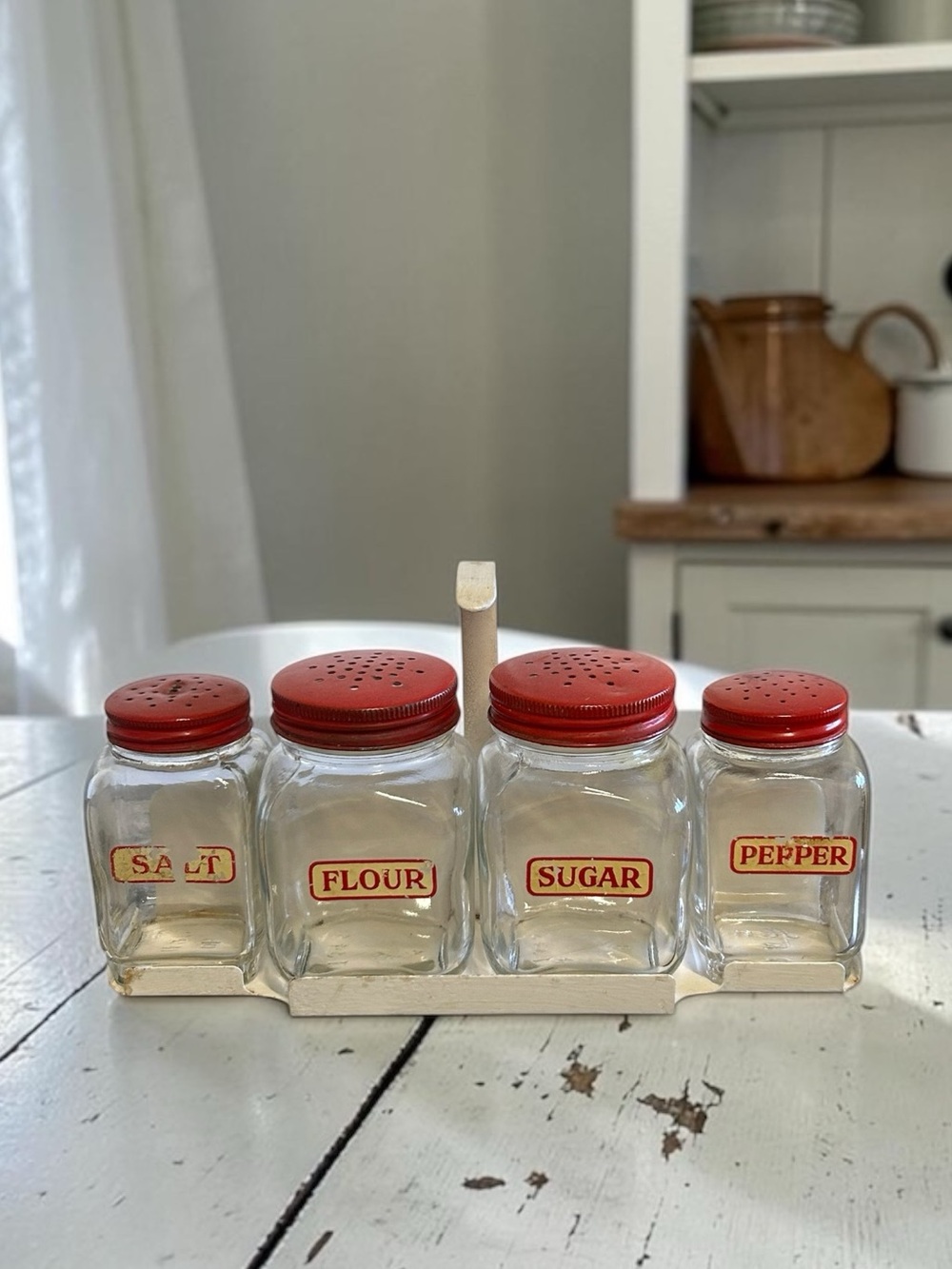 1930s  Range Shaker Set - Salt Pepper Flour & Sugar with Red Metal Lids & Rack